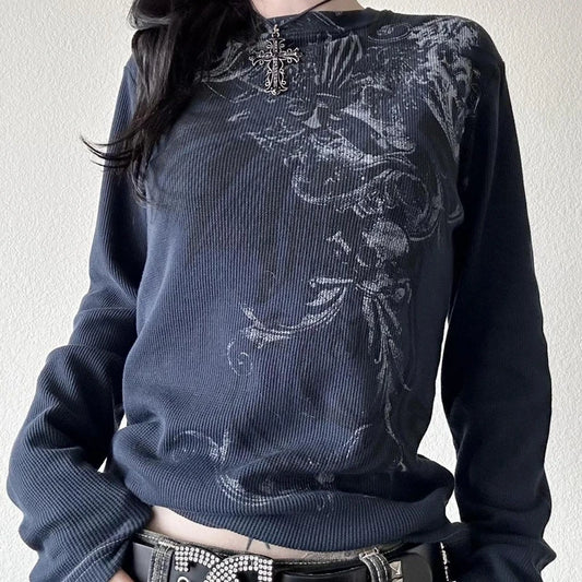 Women Y2k Fairy Grunge Shirt Vintage Graphic Print Long Sleeve Tee Shirt Tops Teen Girls Grunge Aesthetic Clothes Streetwear