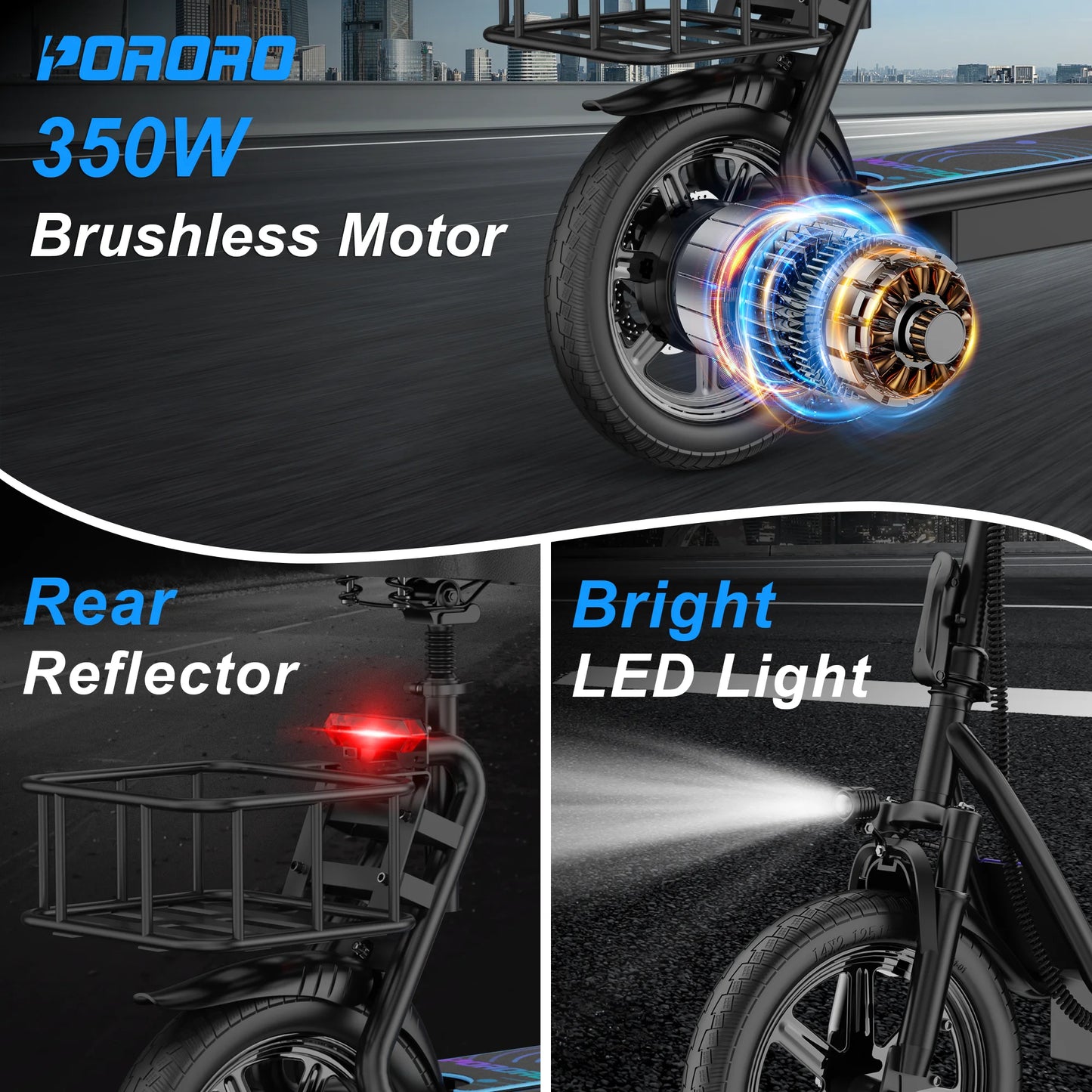 PORORO 14inch Electric Bicycle 10.5AH Battery 28Miles Max Range 22MPH Max Speed Shock Absorption Foldable E Scooter with Seat