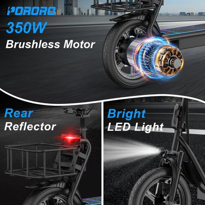 PORORO 14inch Electric Bicycle 10.5AH Battery 28Miles Max Range 22MPH Max Speed Shock Absorption Foldable E Scooter with Seat
