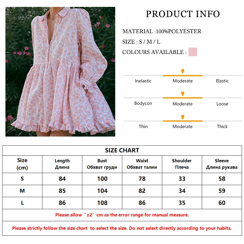 Clacive Fashion Loose Print Women's Dress 2024 Casual Lapel Long Sleeve Mini Dresses Elegant Classic Pleated Female Dress