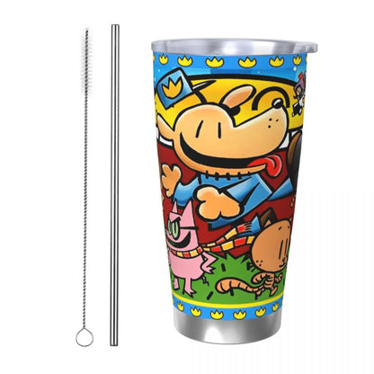 Dog Man Dogman Movie Comic Insulated Tumbler with Straws Cartoon Stainless Steel Thermal Mug Double Wall Car Bottle Cups, 20oz