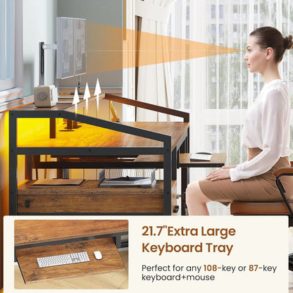 63" Computer Desk, Office Desk with Lock Drawers for Legal/Letter File, Gaming Desk with LED Light & Power Outlet,, Customized