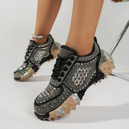 2026 Thick Soled Color Blocked Women's Sneakers Luxury Rhinestone Loafers Fashion Versatile Comfort Anti Slip Women Shoes Tenis