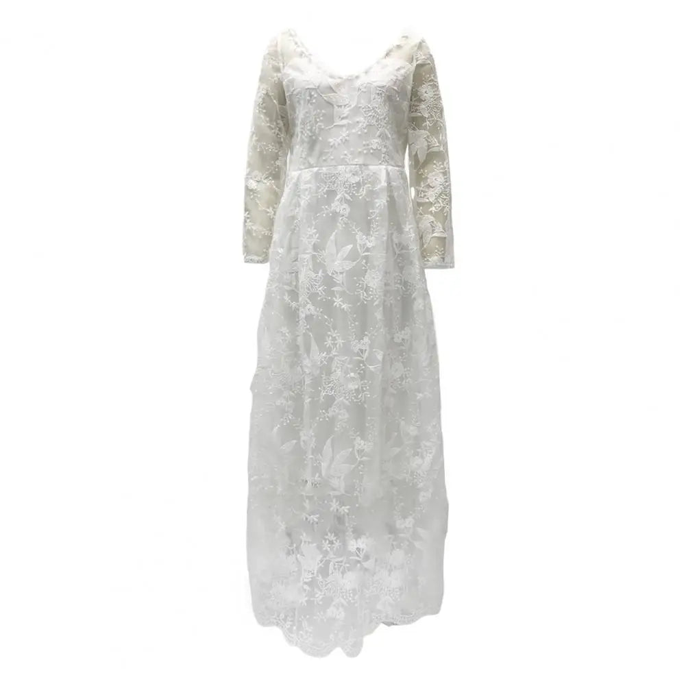 Detail Lace Cocktail Party Dress Floral Embroidere Maxi Dress Women Wedding Bride Dress Lace Long Sleeve Back Zipper Lace
