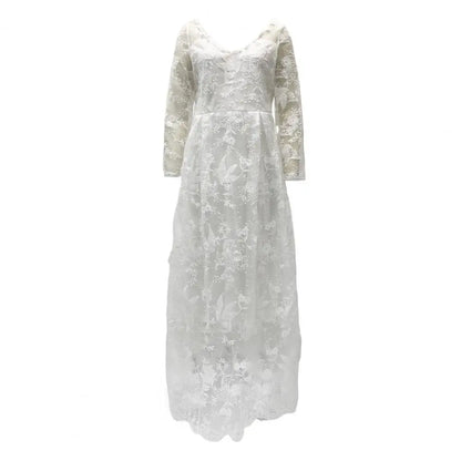 Detail Lace Cocktail Party Dress Floral Embroidere Maxi Dress Women Wedding Bride Dress Lace Long Sleeve Back Zipper Lace