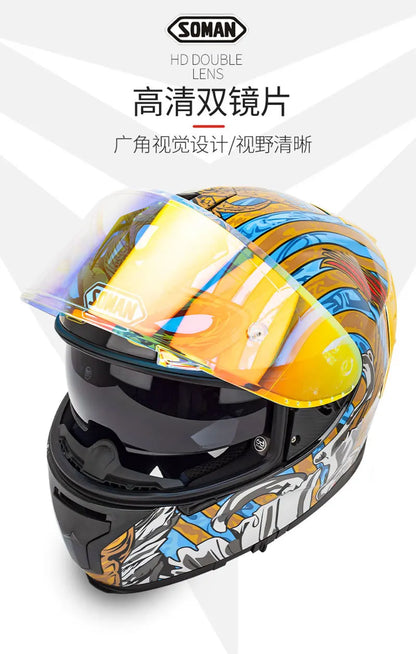 SOMAN ECE Motorcycle Helmet Adjustable Double Lenses Full Face Helmet Motocross Head Protection Anti-Fall Biker Motorbike Helmet
