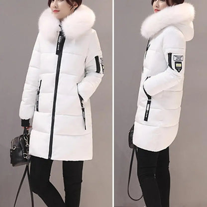 2025 Women Winter Cotton Coat Thickened Padded Stuffed Hooded Mid Length Warm Winter Coat Solid Color Slim Fit Lady Down Coat