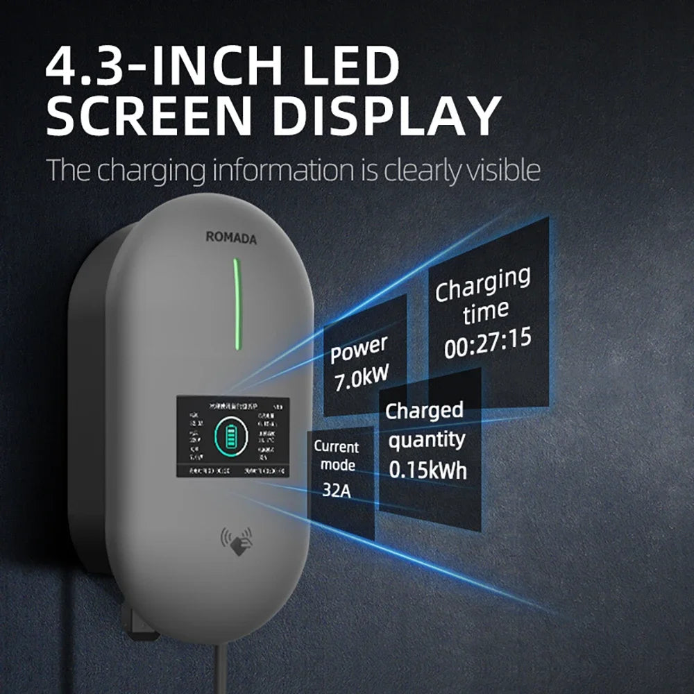 ROMADA EV Charging Station 32A Electric Vehicle Car Charger EVSE Wallbox Wallmount 7KW Type2 Cable IEC62196 Bluetoo APP Control