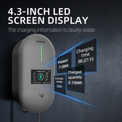 ROMADA EV Charging Station 32A Electric Vehicle Car Charger EVSE Wallbox Wallmount 7KW Type2 Cable IEC62196 Bluetoo APP Control