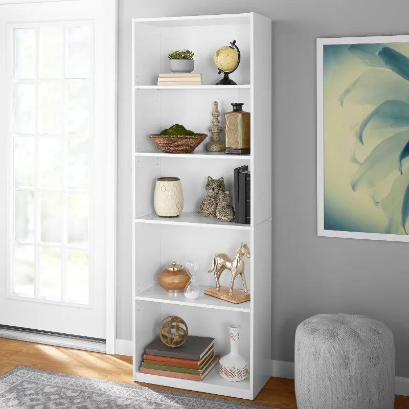 5-Shelf Bookcase with Adjustable Shelves,Solid Wood/Closed Back/Display Bookshelf for Living Room,Bedroom,Home and Office,White