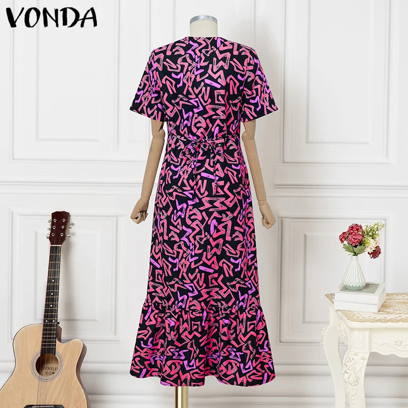 VONDA Women Vintage Maxi Dress Short Sleeve Summer Party Vestidos 2025 Casual Printed A-line Robe Bohemian V-Neck Long Sundress