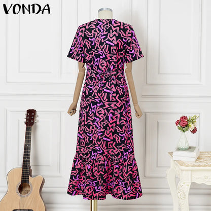 VONDA Women Vintage Maxi Dress Short Sleeve Summer Party Vestidos 2025 Casual Printed A-line Robe Bohemian V-Neck Long Sundress