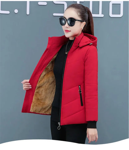 2025 New Women Add Velvet Cotton Jacket Female Winter Fleece Warm Hood Fashion Coat Ladies Down Padded Jackets M- 5XL Coat