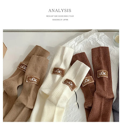 2 Pairs Cashmere Socks Winter Women Warm Wool Thickened Mid-Tube Trendy Heel Furry Label Letter Solid Color Snow Boot Socks New