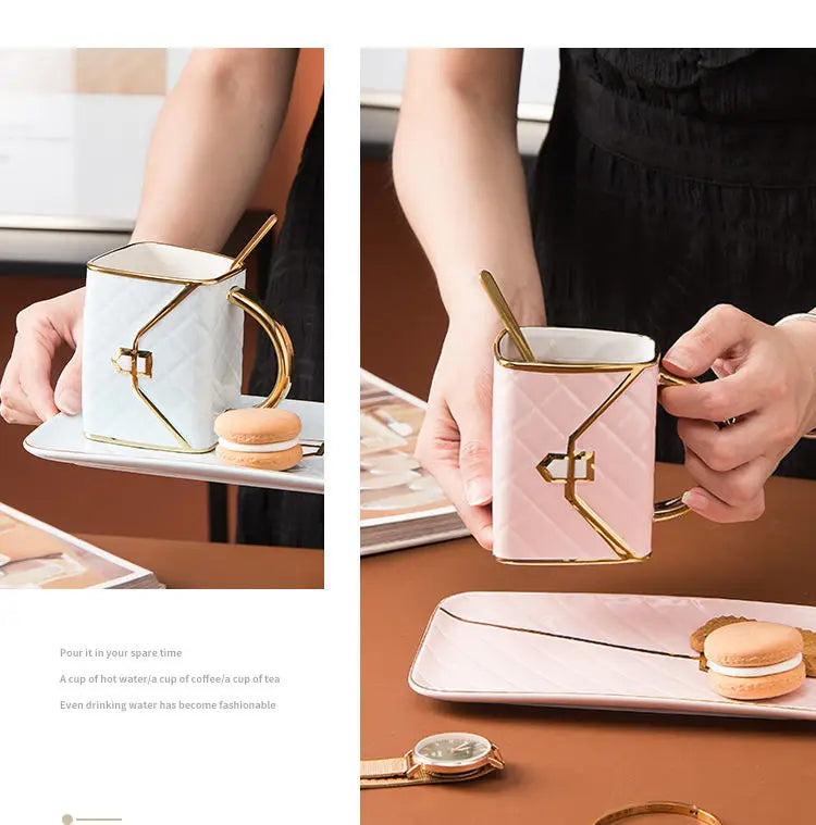 Handbag-Shaped Creative Mug With Saucer & Spoon Nordic Ceramic Milk Tea  Office Cups Drinkware  Coffee Cup Sets Gift