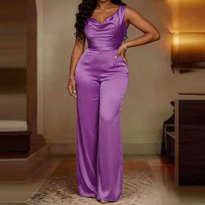 Sexy Swing Collar Waisted Solid Satin Jumpsuit Fashion Commute Wide Leg Pants Romper Women Casual Sleeveless Pleat Long Playsuit