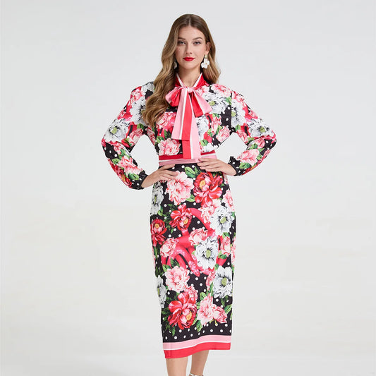 Runway Sicilian Spring Summer Print 2 Piece Set Women's Bow Neck Long Sleeve Slim Blouses + High Waist Bodycon Midi Skirt Street