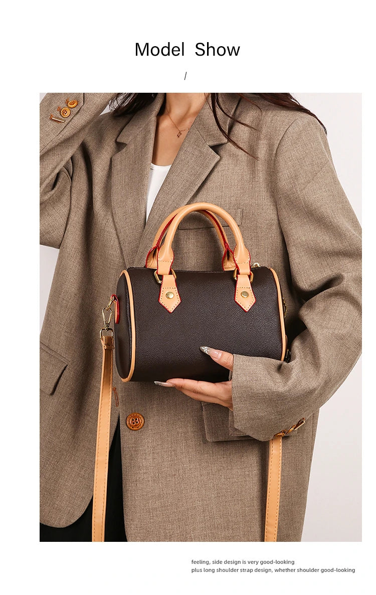 Vintage Brown PU Leather Boston Bag Women's Lightweight Small Crossbody Bag Luxury Designer Handbag Shoulder Bags for Phone