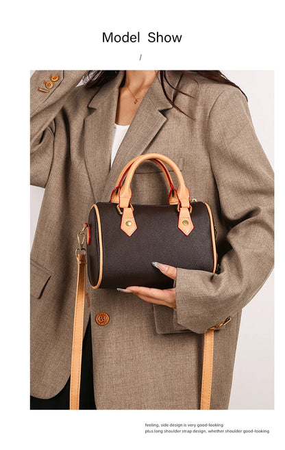 Vintage Brown PU Leather Boston Bag Women's Lightweight Small Crossbody Bag Luxury Designer Handbag Shoulder Bags for Phone