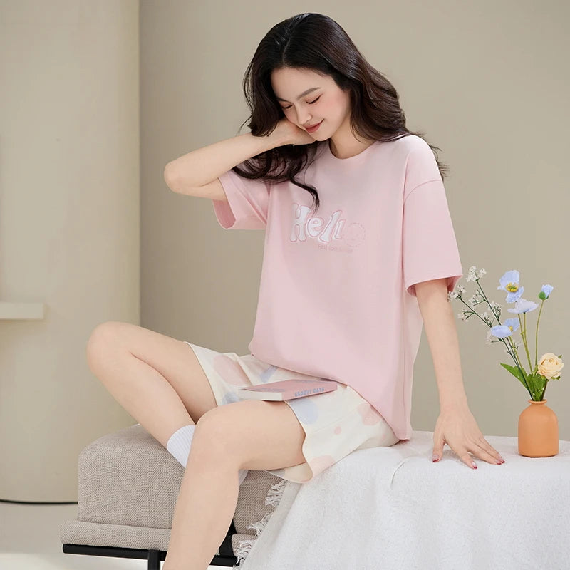 100% Pure Cotton Women Pajamas Summer Cartoon Print Pijamas Girls Nightwear Homewear Short Sleeve Sleepwear O-neck Loungewear