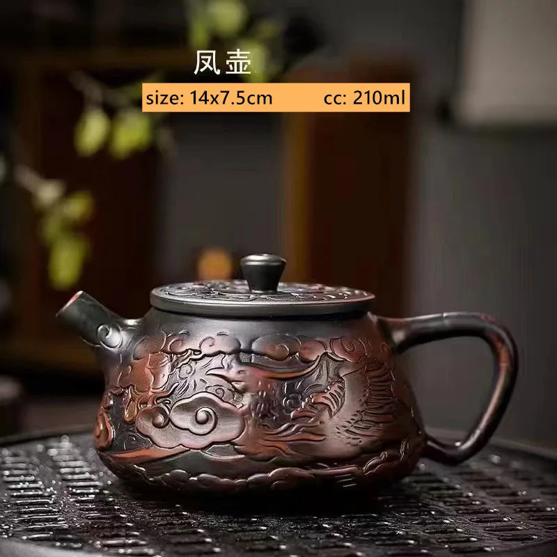 Purple Pottery Relief Teapot Hand-carved Dragon Pattern Beauty Kettle Traditional Ball Hole Filter Pot Chinese Zisha Tea Set