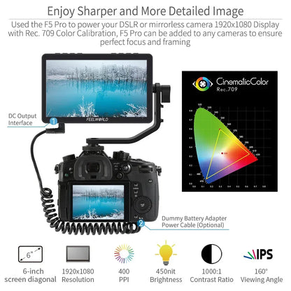 FEELWORLD F5 PRO V4 6" 3D LUT Touchscreen Monitor 4K HDMI I/O High-Res Rec.709 Aux Power Multiple Mounting Options