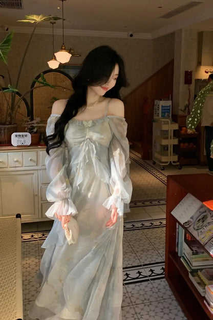 Elegant Print Fairy Long Dresses for Women Autumn French Off Shoulder Ruffles A-Line Birthday Party Dress One Piece Vestidos New