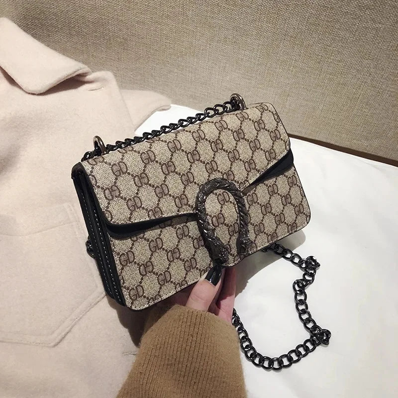 Fashionable Mini Printed Chain Women's Bag Crossbody Shoulder Bag Soft PU Leather Square Shape Bag with Phone Pocket