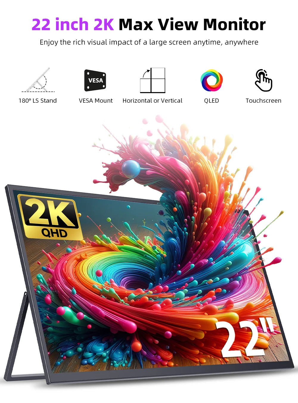 EVICIV 22" 2K Portable Monitor 2560*1440P 100%DCI-P3 QLED External Screen For Loptop Phone With HDMI Computer Display Extension