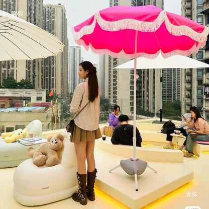 Pink beach parasol, white outdoor props, sun umbrella, garden big beach umbrella promotional advertising umbrella