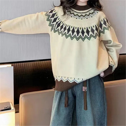2025 Spring Knitted Women Sweater Print O-neck Long Sleeve Casual Loose Sweaters Female Winter Elegant Trendy Ladies Clothes
