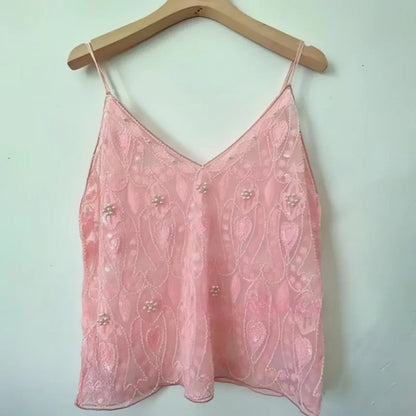 Women's Hot Sweet Sequin Bead Crop Tops Sexy Sling Slim Fit Short V-neck Straight Tank Top Korean Fashion Y2k Clothing