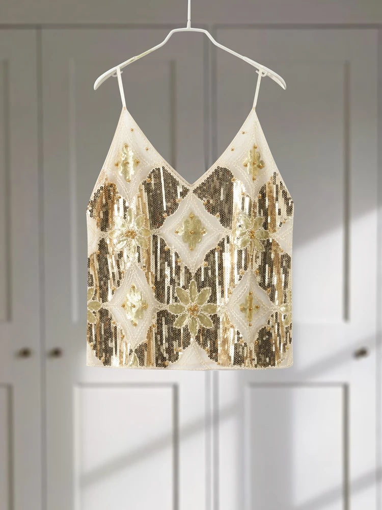 Sexy Sequins Beaded Camisoles Women Glitter Sleeveless Backless Pleated Sling Crop Tops 2026 Spring Summer Club Party Tank Lady