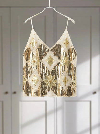 Sexy Sequins Beaded Camisoles Women Glitter Sleeveless Backless Pleated Sling Crop Tops 2026 Spring Summer Club Party Tank Lady
