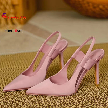 2025 New Fairy Pink Womens High Heel Sandals Pointed Toe Shallow Mouth Soft Leather Heels Ladies Fashion Banquet Versatile Shoes