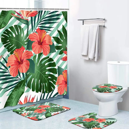 Banana Leaf Shower Curtain Set Non-Slip Rug Bathroom Accessories Tropical Palm Plant    Botanical Floral Green