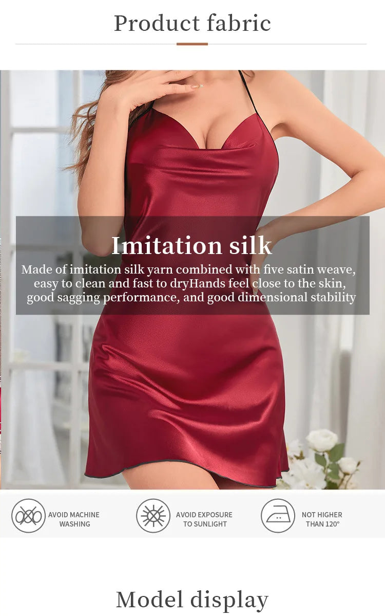 Summer Solid Silk Stain V-neck Nightgown Women's Sleepwear Butterfly Cross Suspender Backless Mini Dress Thin Nightdress