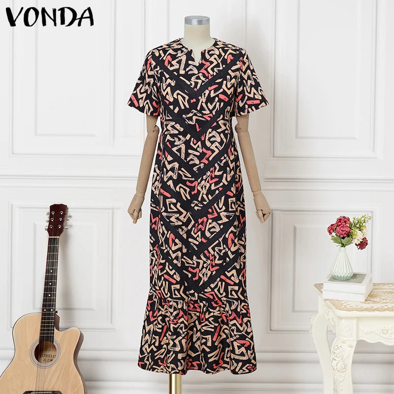 VONDA Women Vintage Maxi Dress Short Sleeve Summer Party Vestidos 2025 Casual Printed A-line Robe Bohemian V-Neck Long Sundress