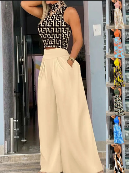 2026 Summer Fashion Printing Two Piece Set Women Casual Solid Sleeveless Tank Top Wide Leg Pants Two Piece Set Women