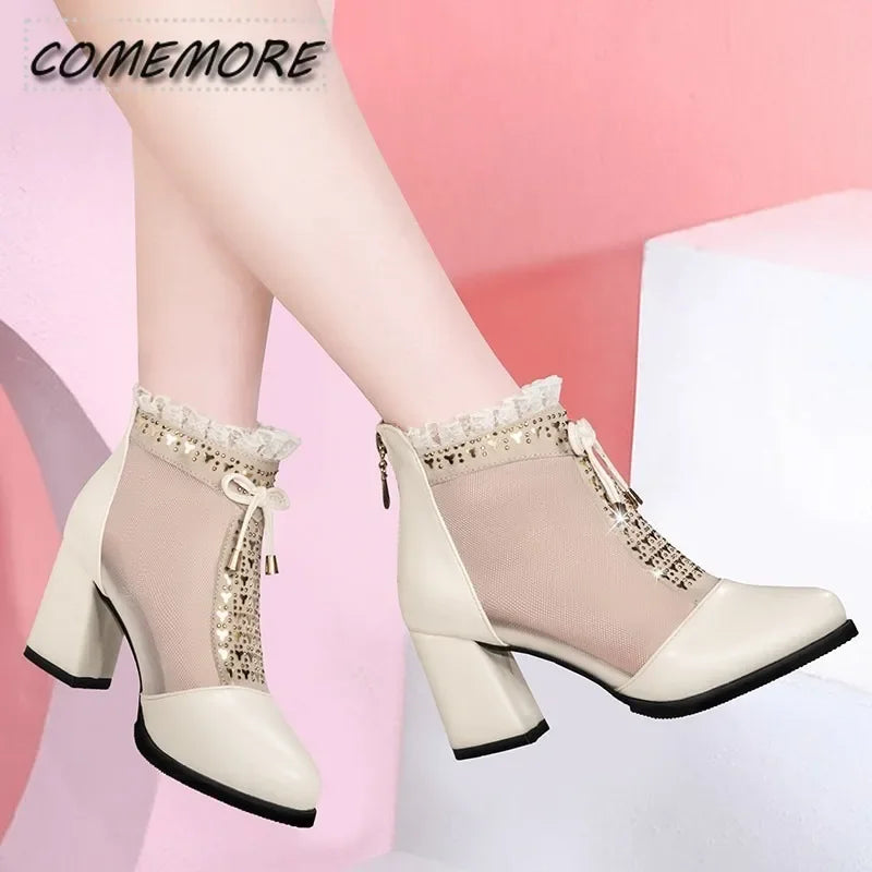 2025 Elegant High Heels Mesh Bow Summer Shoes High Heel Women Sandals Fish Mouth Black Leather Sandal Ankle Boots Luxury Fashion