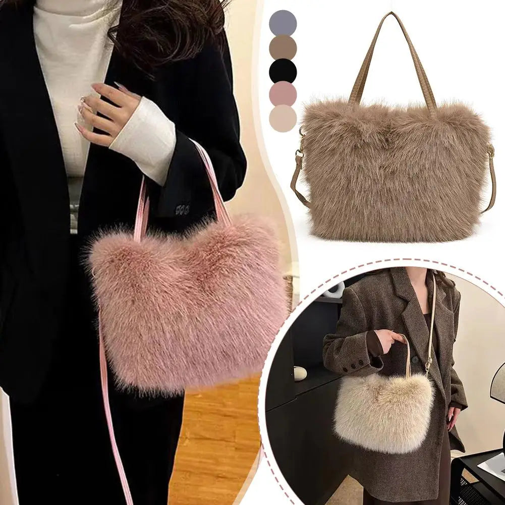 Fahion Faux Fur Tote Bag Women's Bucket Plush Luxury Design Ladies Handbags Winter Crossbody Shoulder Bags