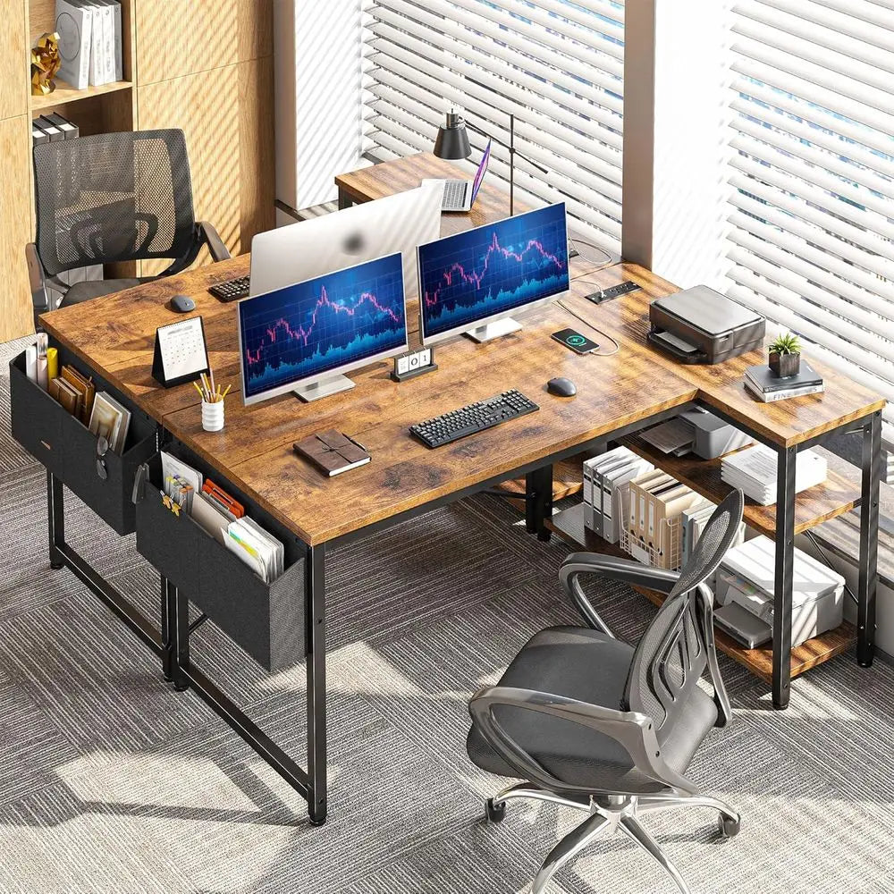 Brown Corner L-Shaped Computer Desk with Power Outlets and Reversible Storage, Ideal for Small Home Office Spaces Customized