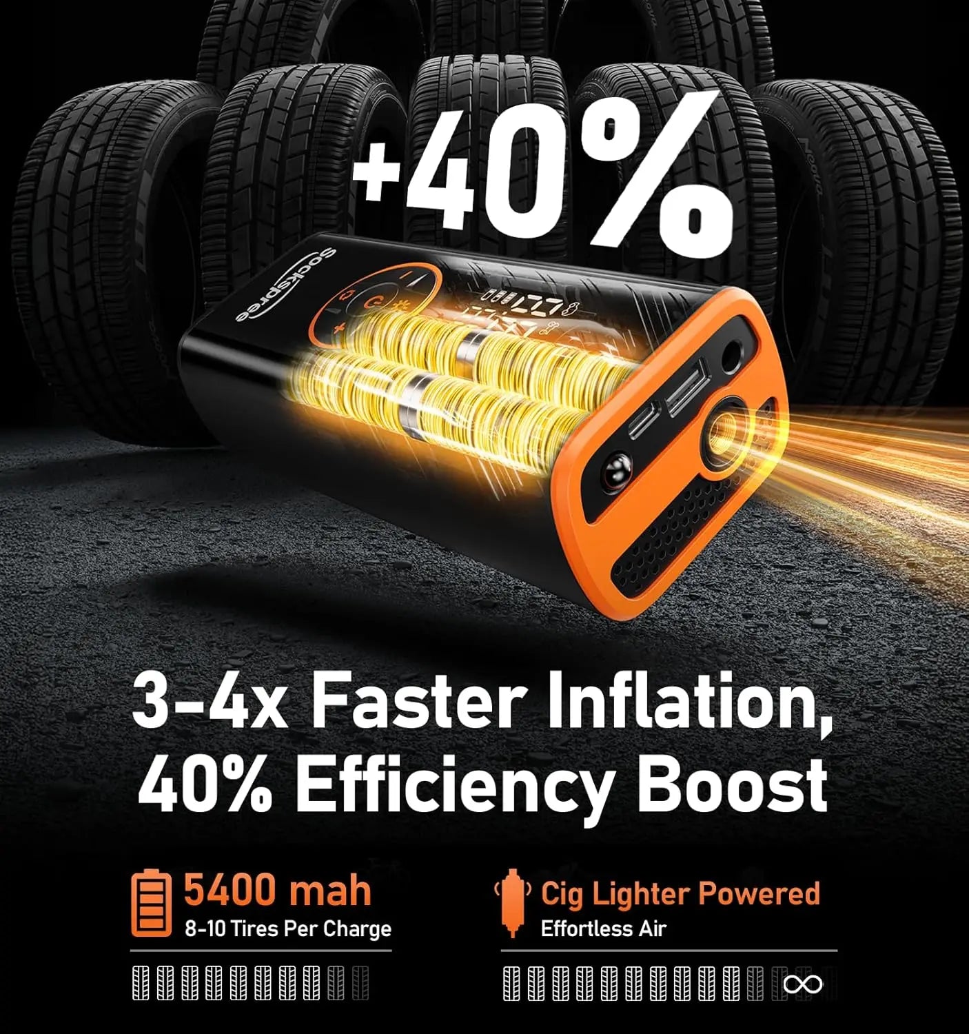 Tire inflator with digital pressure gauge and automatic power-off function, equipped with battery and 12V car adapter