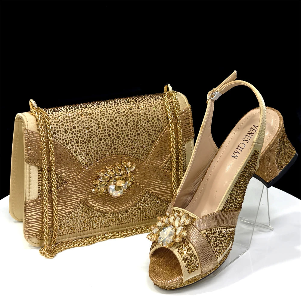 2025 Elegant Green Peep-Toe Heel Pumps for Women with Diamond Accents - Italian Matching Shoes and Bags Set for Parties