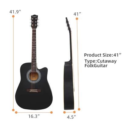 Cutaway Spruce Top Acoustic Guitar Matte Black Color Folk Guitar for Beginner Student 41 Inch Music Instrument