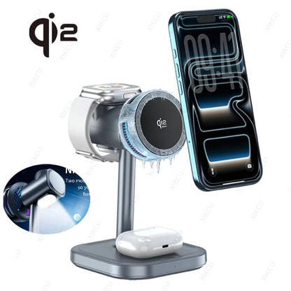 QI2 3 IN 1 Magnetic 25W Wireless Charger Stand LED Light Air Cooling Fast Charging For iPhone 17~12 Pro Max Airpods Apple Watch