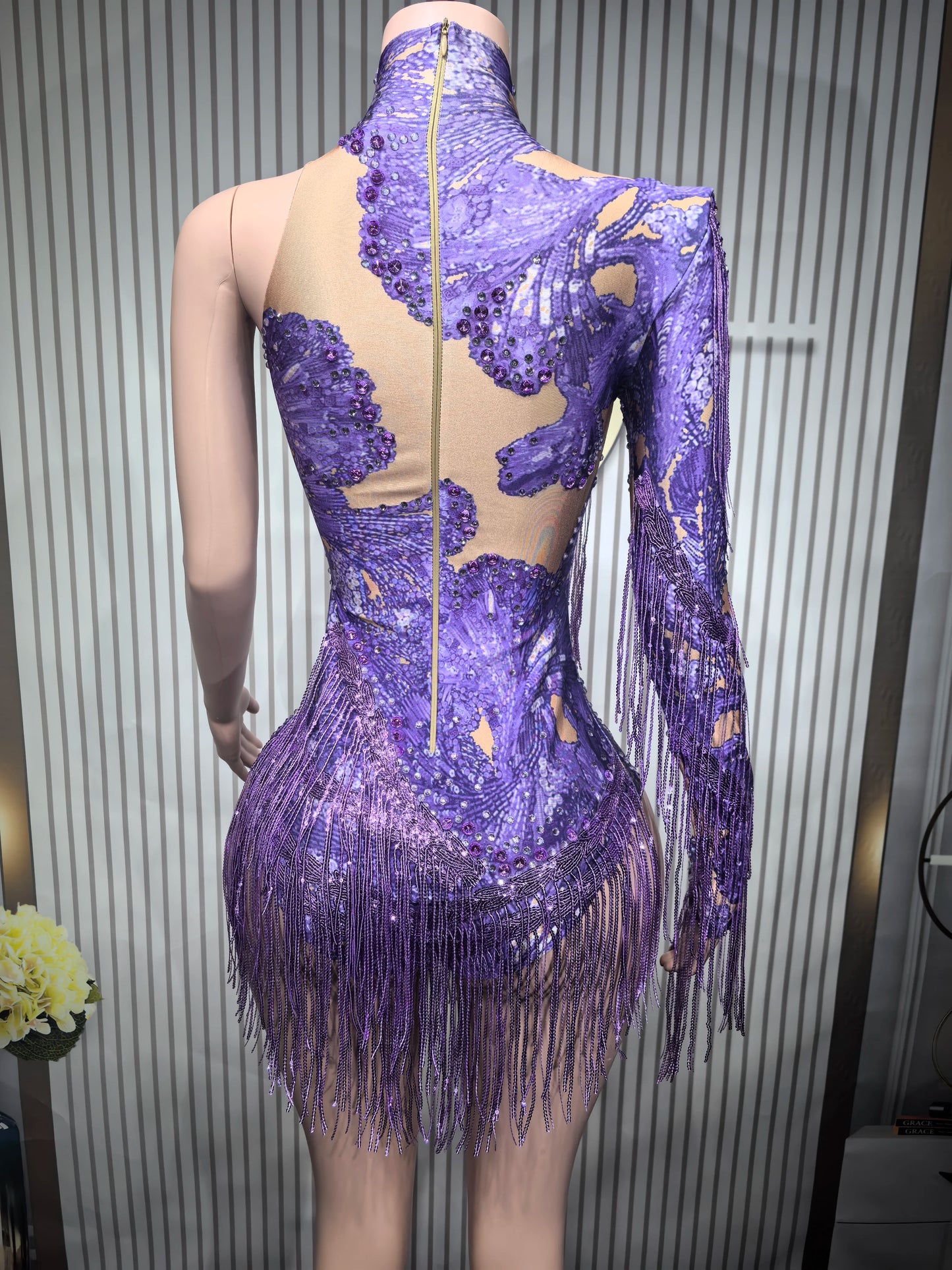 Sexy Skinny Leotard Singer Dancer Show StageWear Sparkly Blue Rhinestones Women DanceCostume Fringes One Shoulder Bodysuit  7G