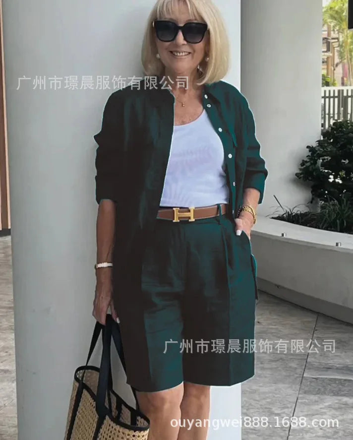 2026 Elegant 2-Piece Sets For Women Womens Cardigan Shirt Top Summer Solid Color Casual Shorts Two Piece New In Matching Sets