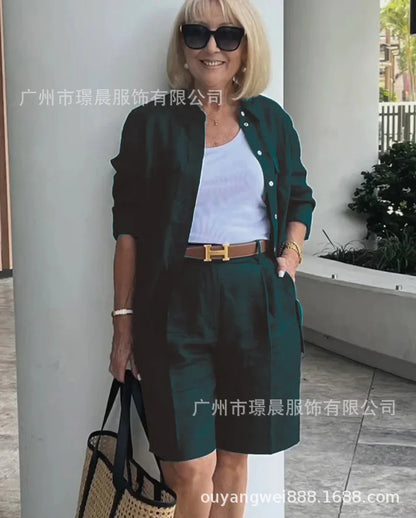 2026 Elegant 2-Piece Sets For Women Womens Cardigan Shirt Top Summer Solid Color Casual Shorts Two Piece New In Matching Sets
