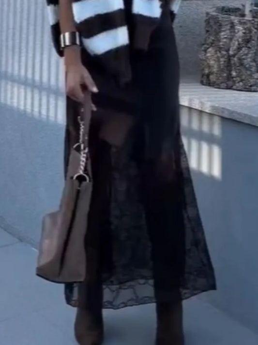 Lady Elegant Patchwork Lace Skirts Fashion High Waist Slim Hollow Out Maxi Skirts 2026 Autumn Women Brown Party Club Skirt